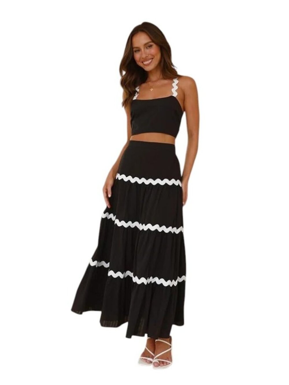 PrettyGarden Black White Resort Maxi Skirt Set S NWT